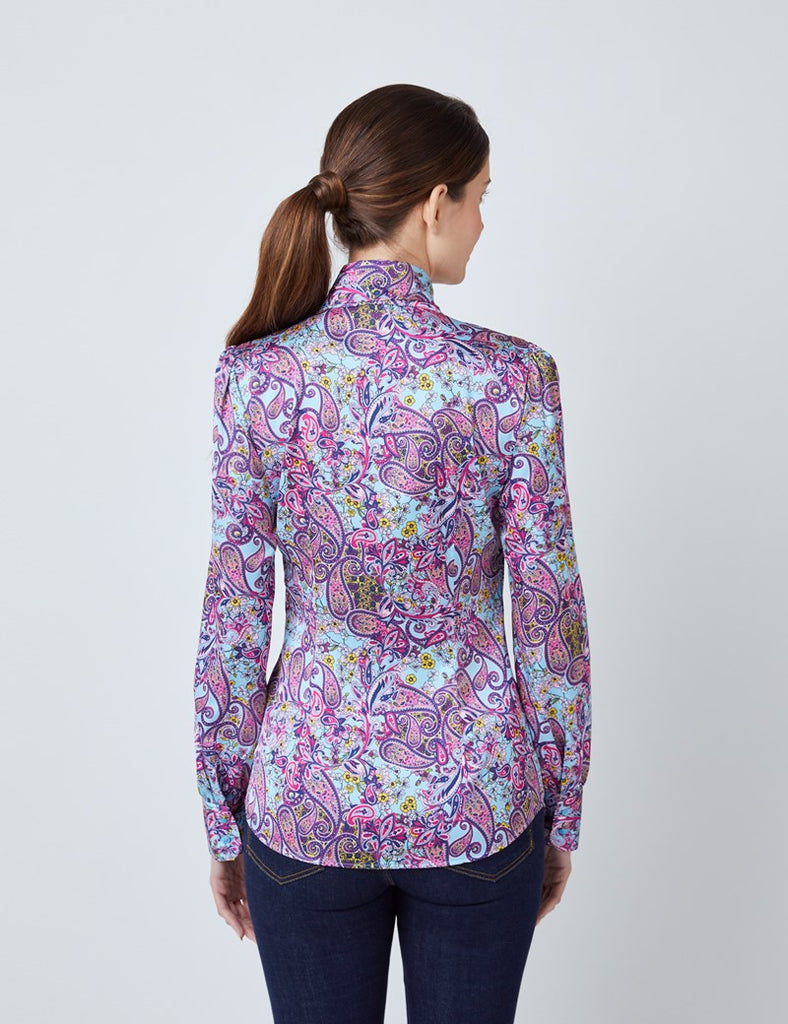 Light Blue & Pink Floral Paisley shirt - Single Cuff - Pussy Bow