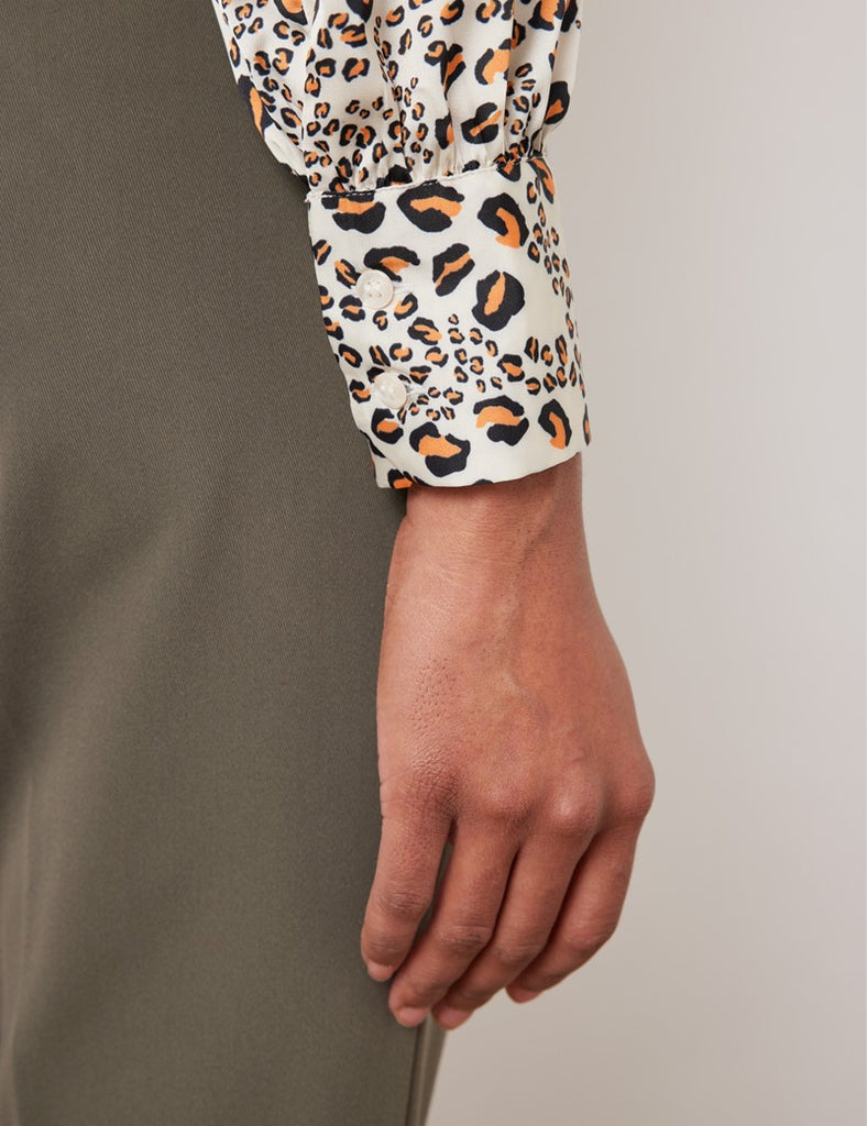 Cream & Black Leopard Print shirt - Single Cuff - Pussy Bow