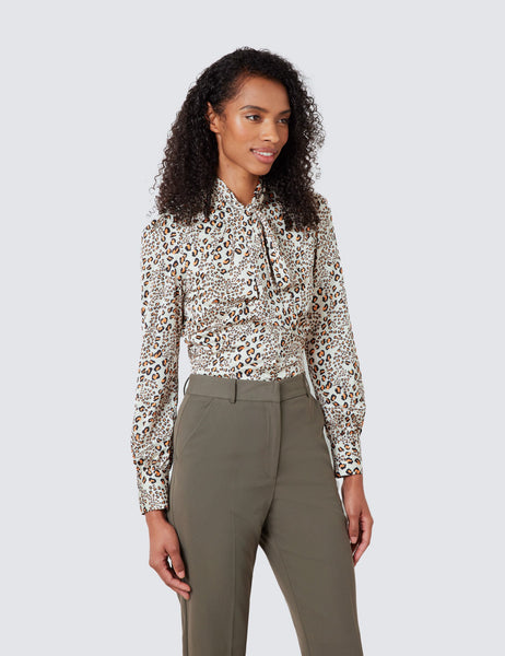 Cream & Black Leopard Print shirt - Single Cuff - Pussy Bow