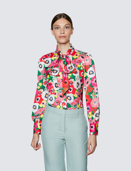 Red & Green Large Poppy Print Satin Blouse - Single Cuff - Pussy Bow