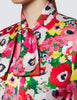 Red & Green Large Poppy Print Satin Blouse - Single Cuff - Pussy Bow