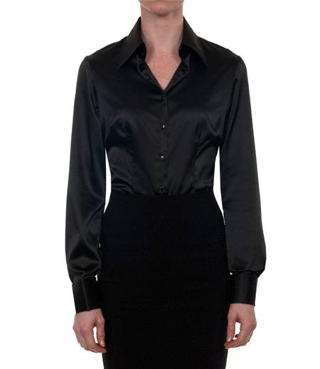 Luxury Black Satin Shirt, Double Cuff, size 12