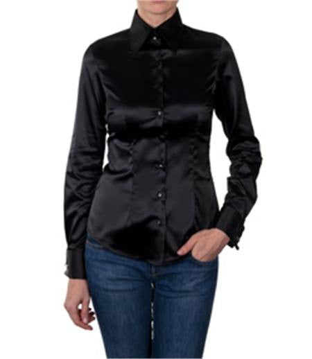 Luxury Black Satin Shirt, Double Cuff, size 12