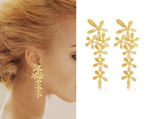 Rhinestone Long Snowflake Flower Earrings