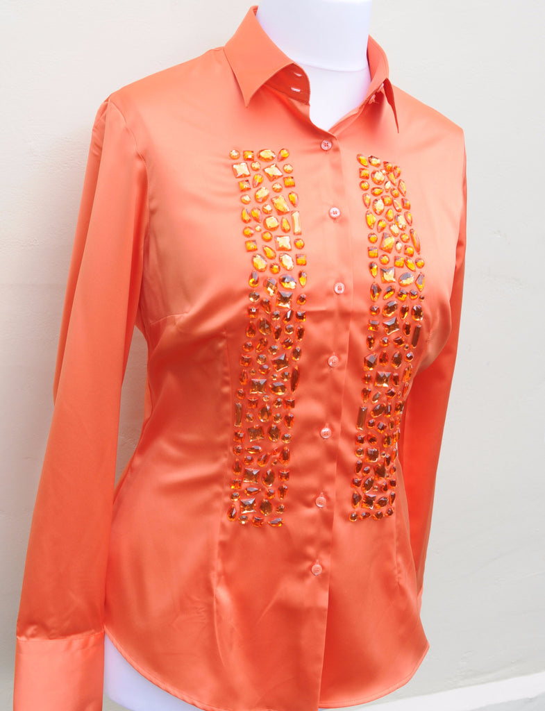 JEWELLERED ORANGE SATIN SHIRT - SINGLE CUFF