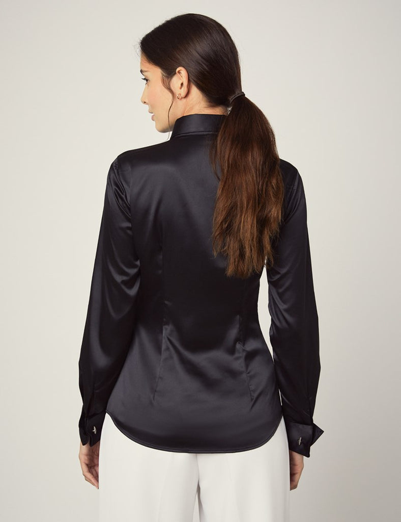 PLAIN BLACK FITTED SATIN SHIRT - DOUBLE CUFF