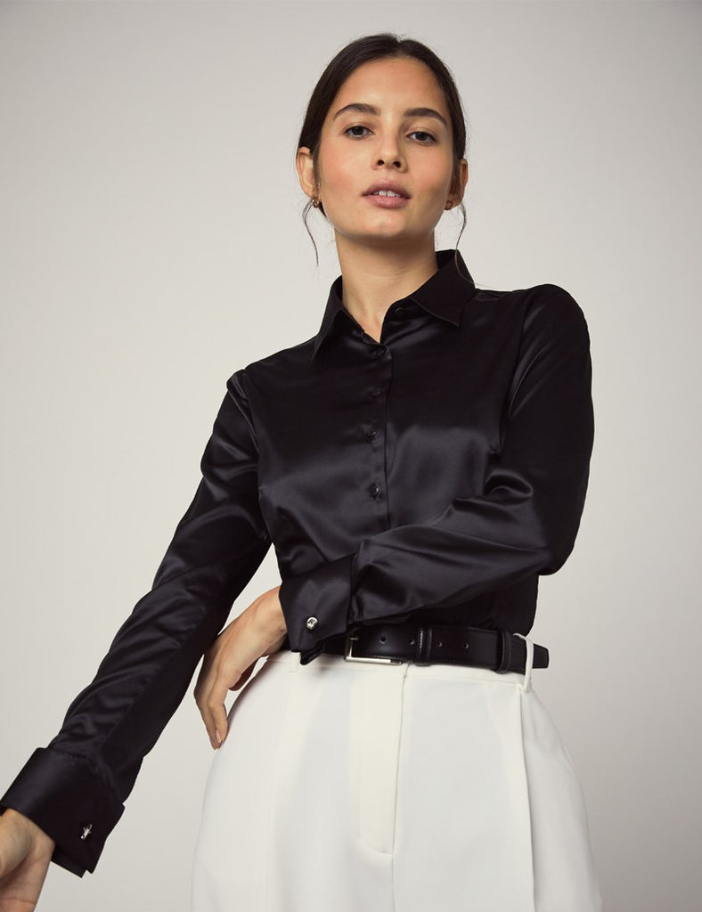 PLAIN BLACK FITTED SATIN SHIRT - DOUBLE CUFF