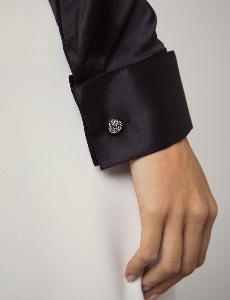 PLAIN BLACK FITTED SATIN SHIRT - DOUBLE CUFF
