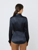 PLAIN BLACK FITTED SATIN SHIRT - DOUBLE CUFF