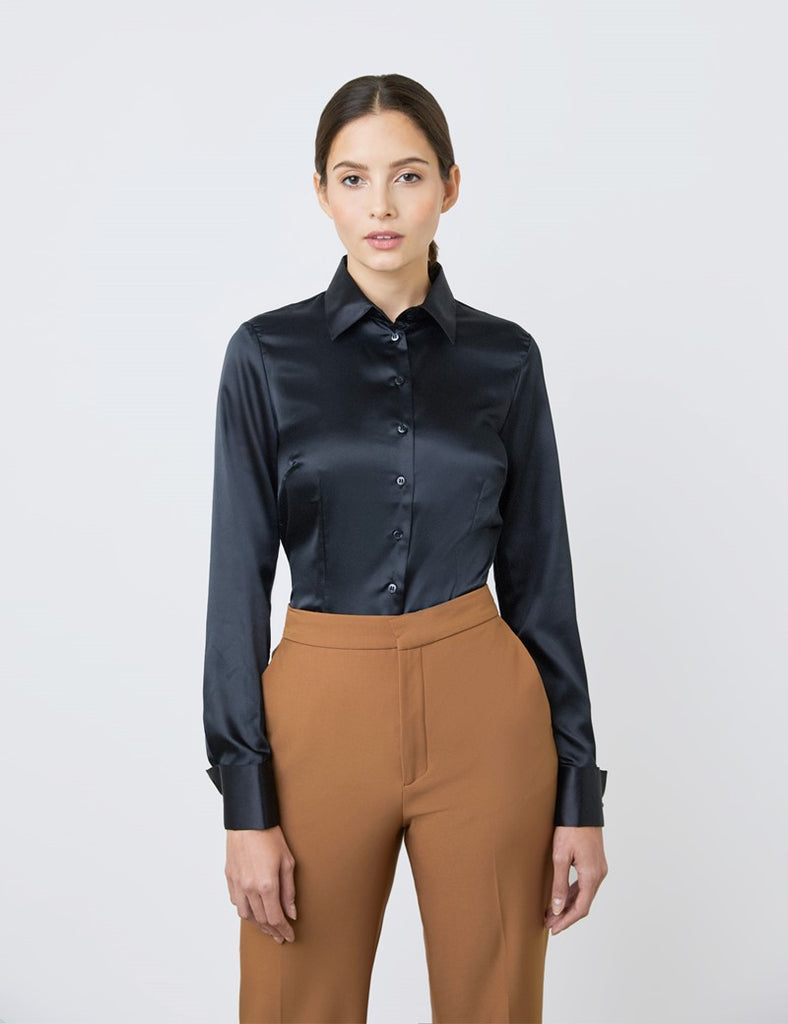 PLAIN BLACK FITTED SATIN SHIRT - DOUBLE CUFF