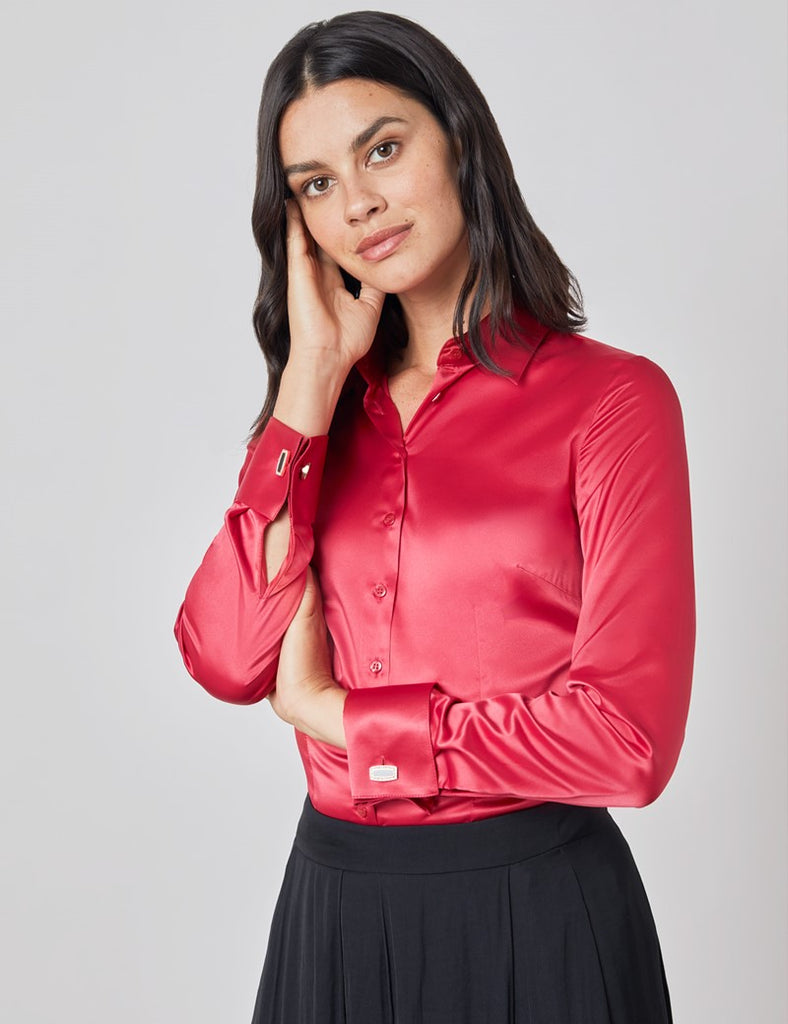 Red Fitted Satin Shirt - Double Cuff