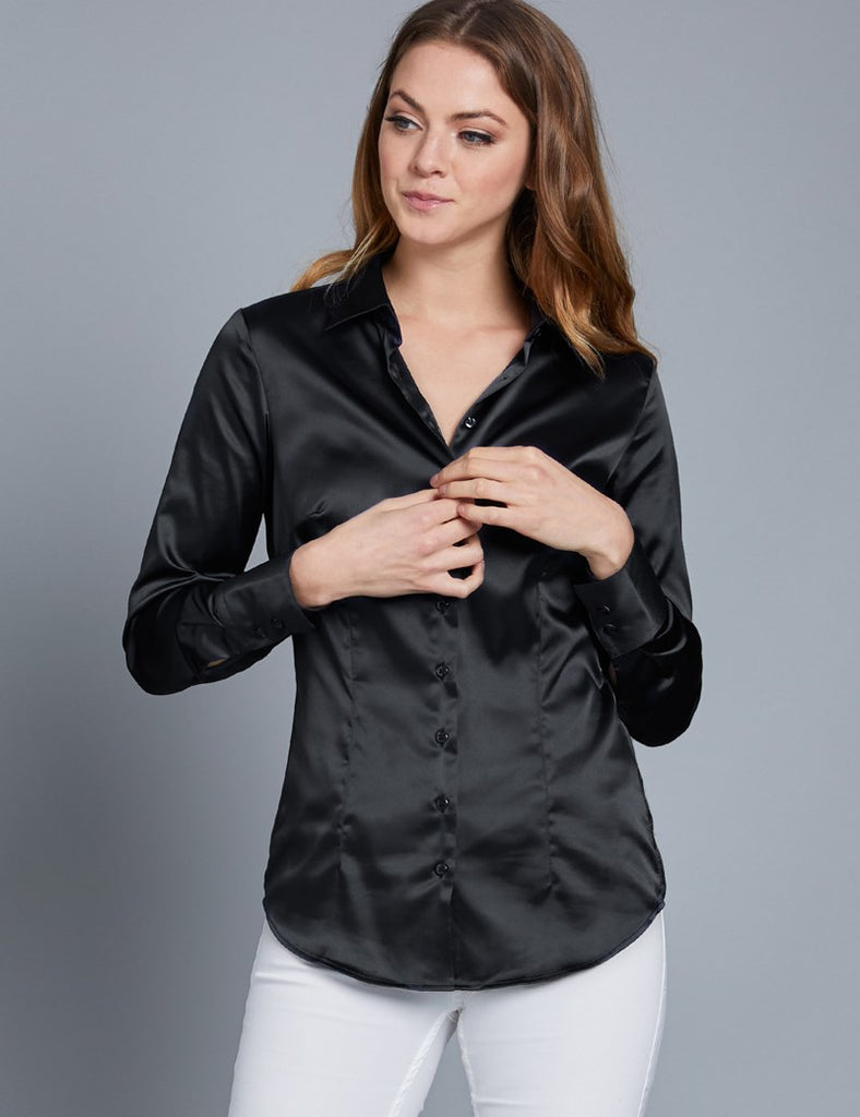 BLACK FITTED SATIN SHIRT - SINGLE CUFF