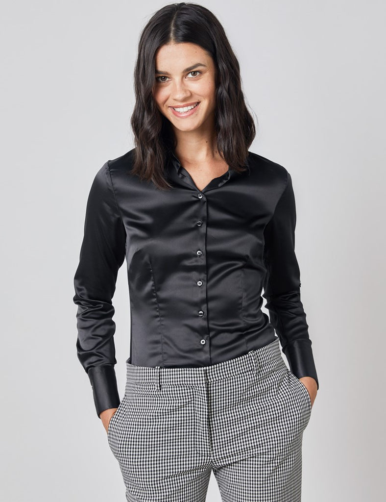 BLACK FITTED SATIN SHIRT - SINGLE CUFF