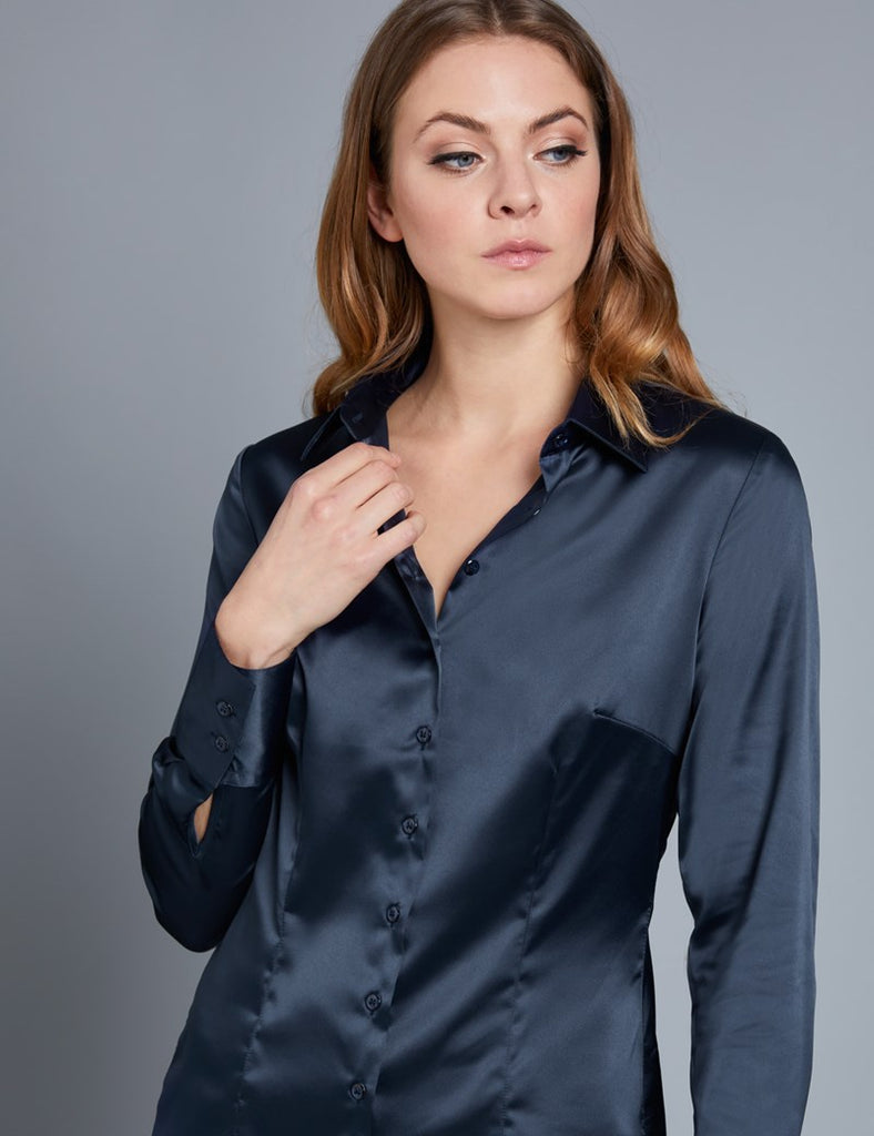 NAVY FITTED SATIN SHIRT - SINGLE CUFF