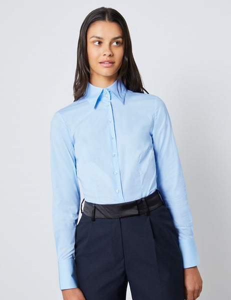 Ice Blue Fitted Shirt with High Long Collar - Single Cuff