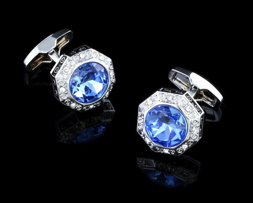 SILVER BLUE CRYSTAL CUFFLINKS