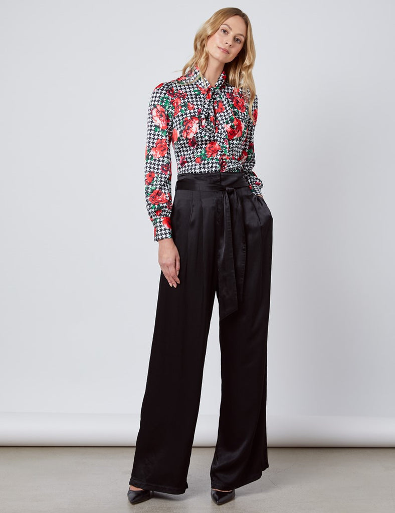 Black & White Floral Fitted Satin Blouse - Single Cuff - Pussy Bow