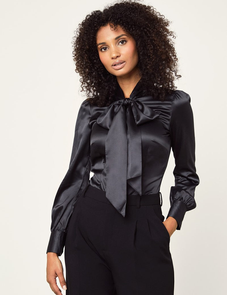 Black Fitted Satin Blouse, Pussy Bow