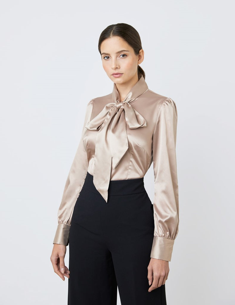 Taupe Fitted Satin Blouse - Pussy Bow