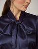 Navy Fitted Satin Blouse, Pussy Bow