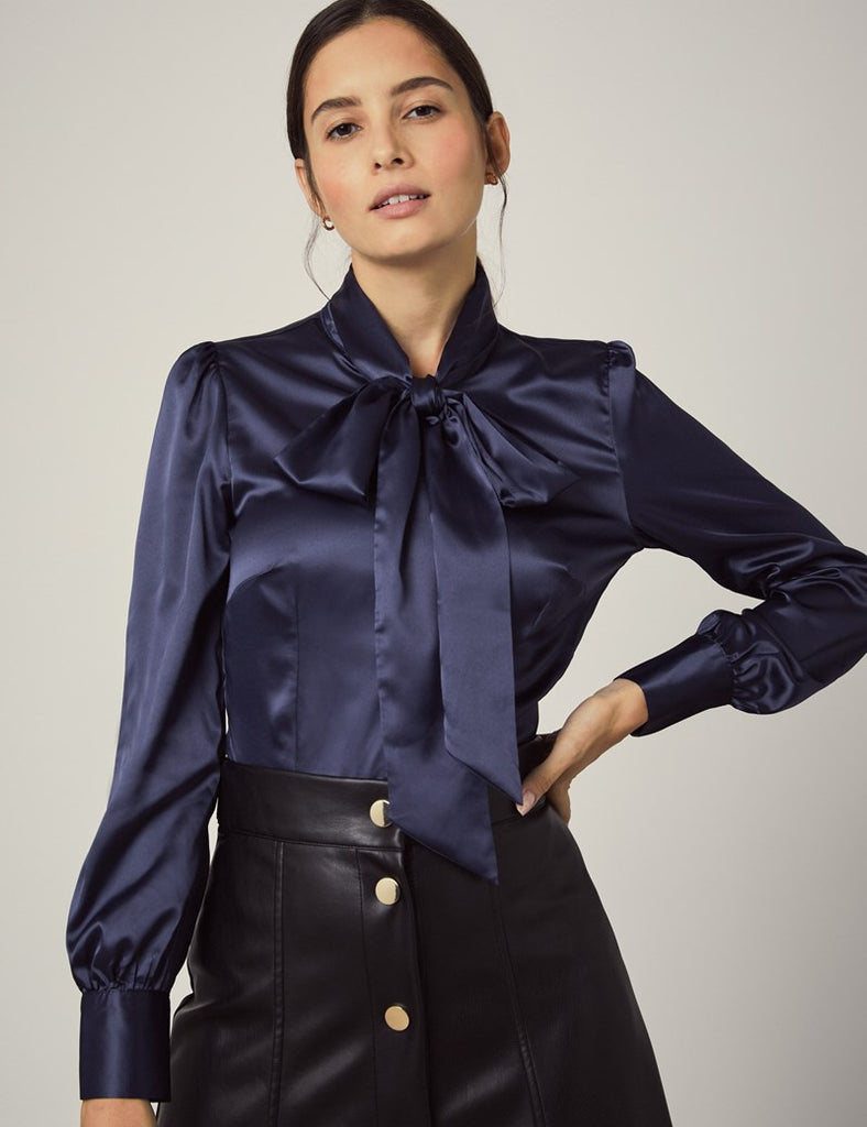 Navy Fitted Satin Blouse, Pussy Bow