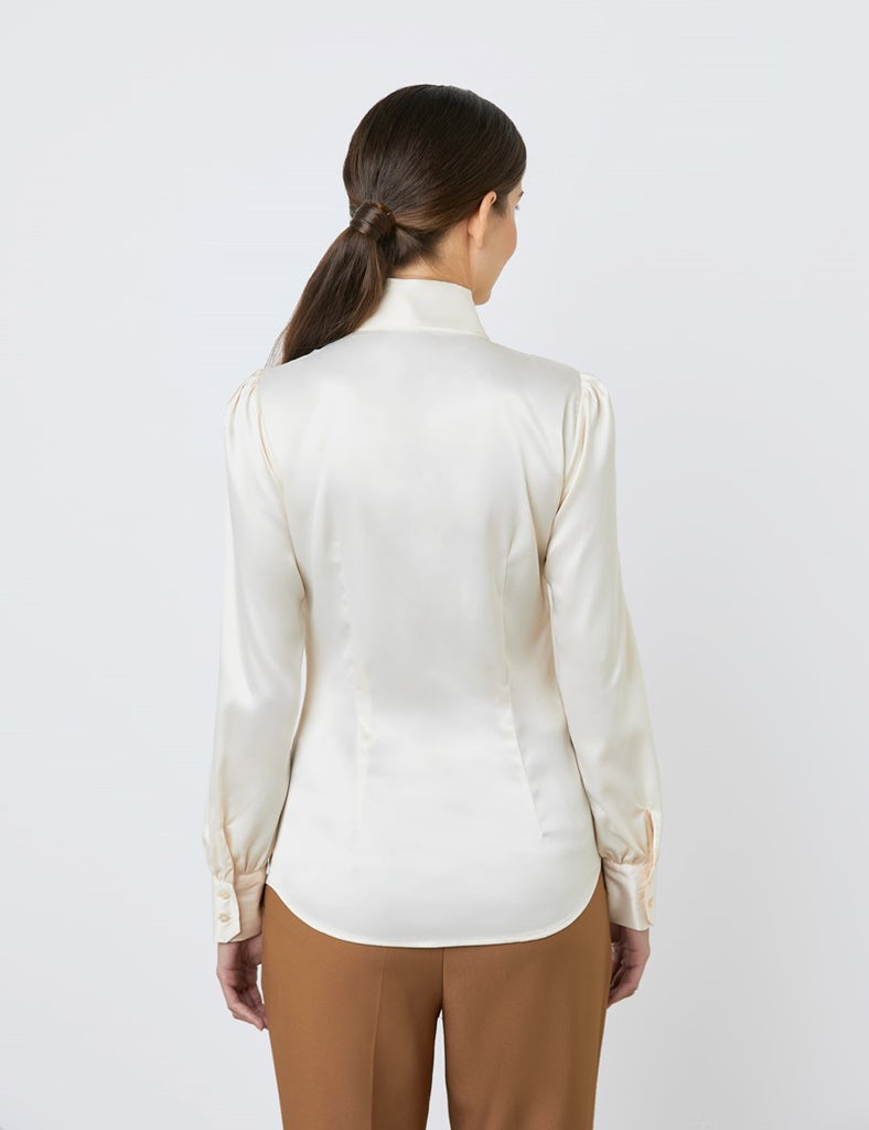 CREAM FITTED SATIN SHIRT - PUSSY BOW