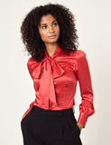 Red Fitted Satin Blouse, Pussy Bow