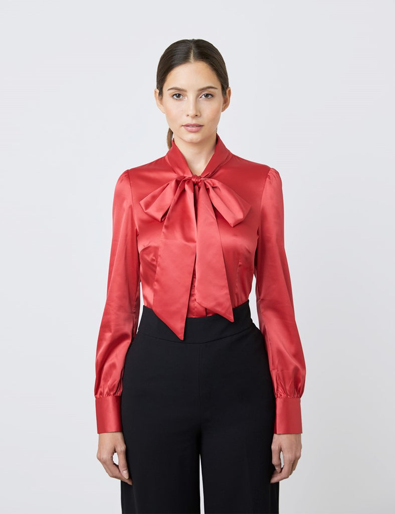 Red Fitted Satin Blouse, single cuff