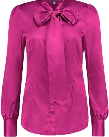FUCHSIA FITTED SATIN BLOUSE - PUSSY BOW
