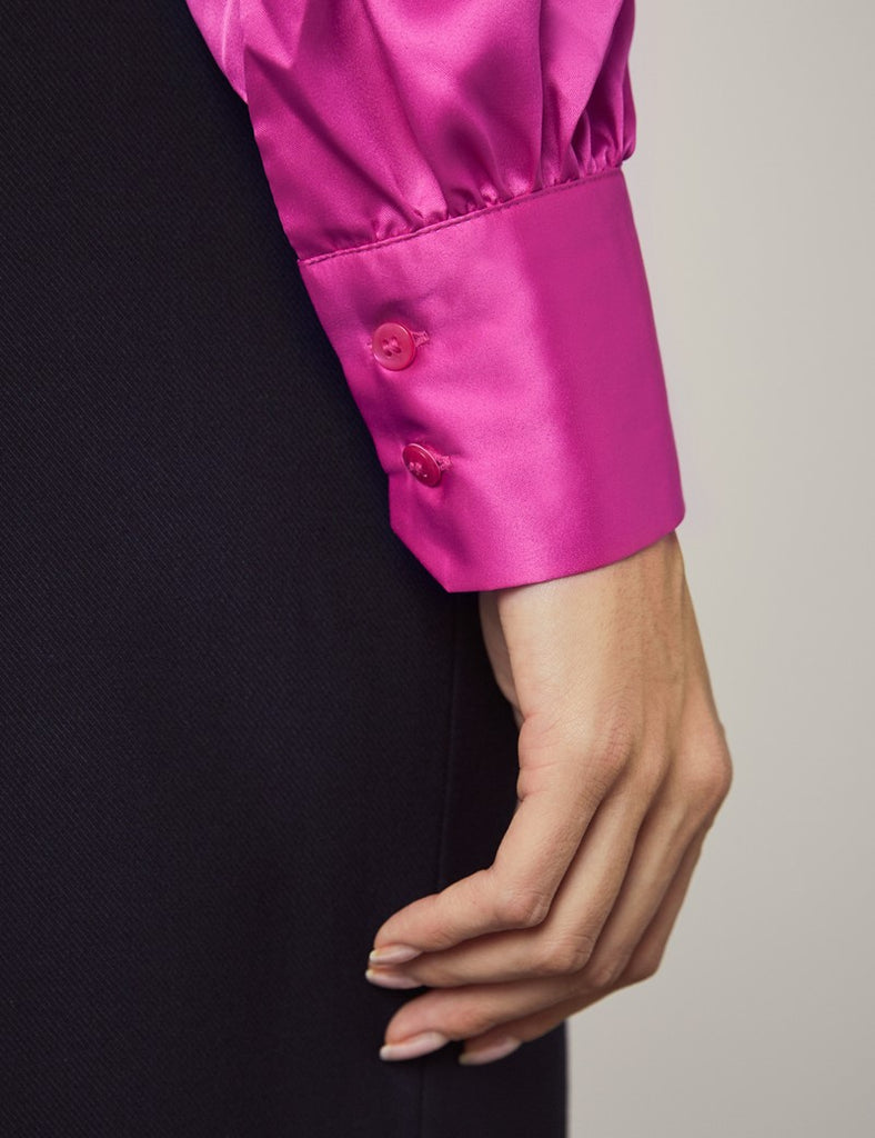 FUCHSIA FITTED SATIN BLOUSE - PUSSY BOW