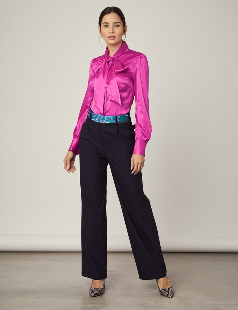 FUCHSIA FITTED SATIN BLOUSE - PUSSY BOW