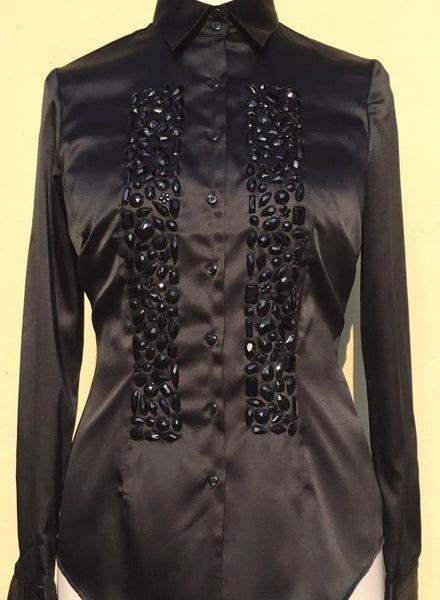 EMBROIDERED BLACK SATIN SHIRT - DOUBLE CUFF