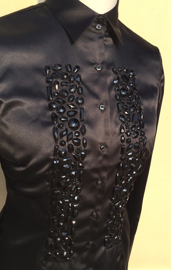 EMBROIDERED BLACK SATIN SHIRT - DOUBLE CUFF