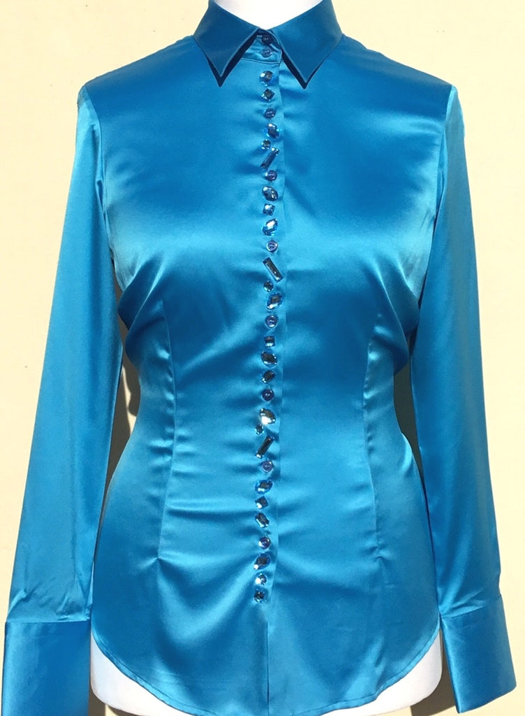 JEWELLERED BLUE SATIN SHIRT - SINGLE CUFF