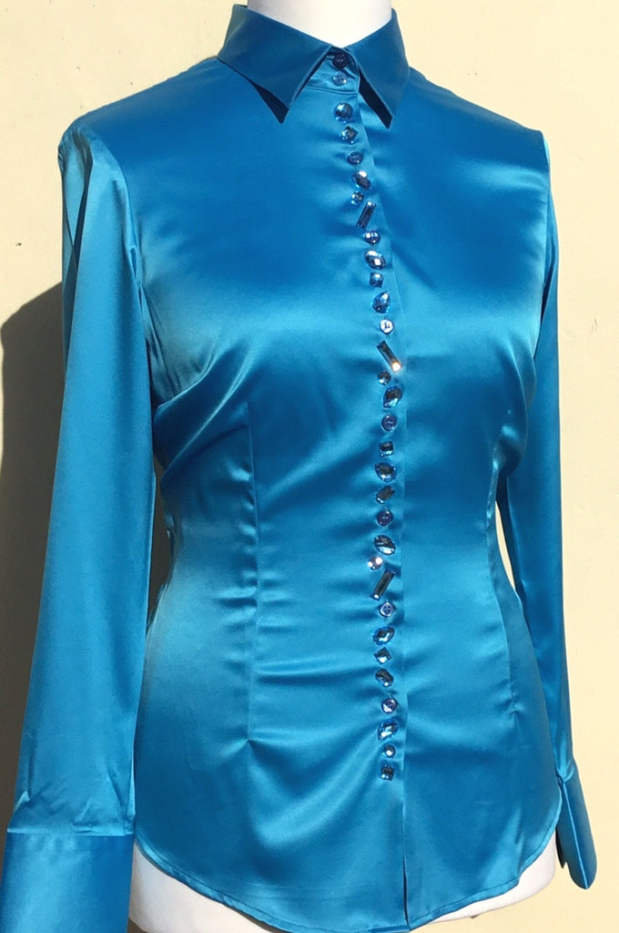 JEWELLERED BLUE SATIN SHIRT - SINGLE CUFF