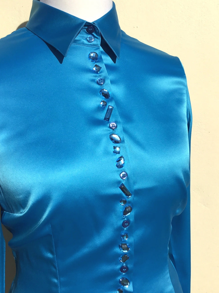 JEWELLERED BLUE SATIN SHIRT - SINGLE CUFF