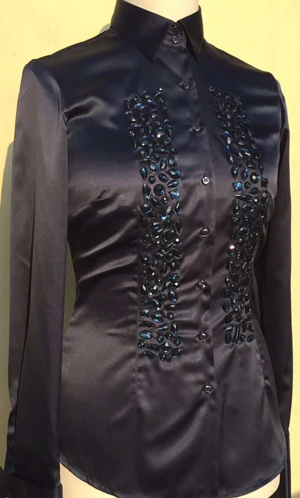 EMBROIDERED BLUE SATIN SHIRT - DOUBLE CUFF