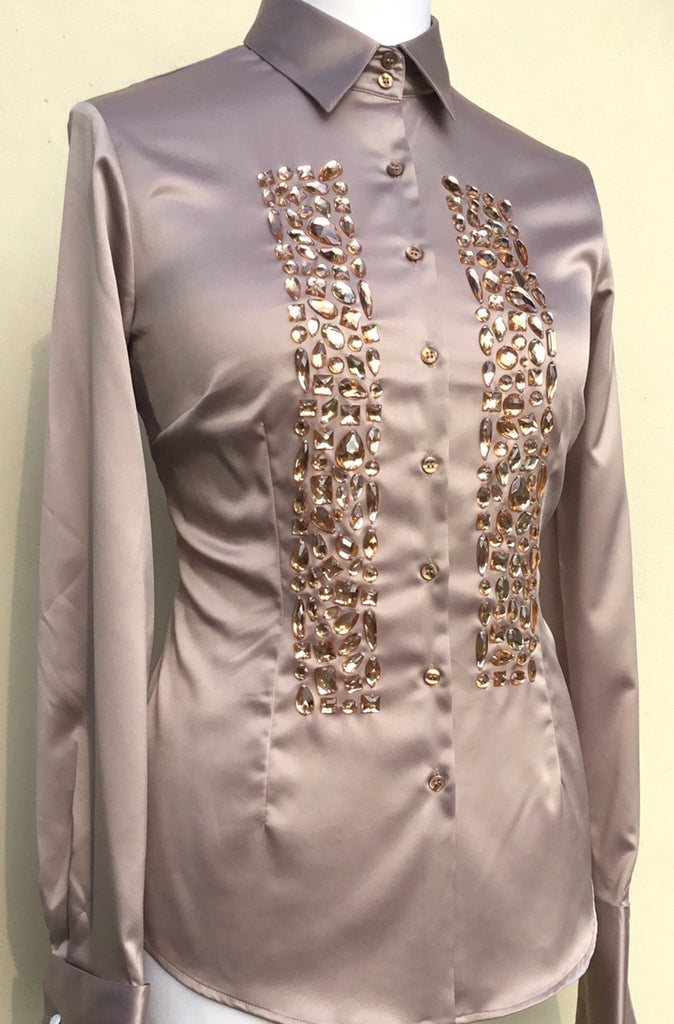 EMBROIDERED TAUPE SATIN SHIRT - DOUBLE CUFF