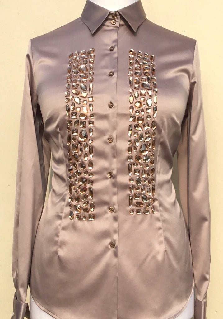 EMBROIDERED TAUPE SATIN SHIRT - DOUBLE CUFF