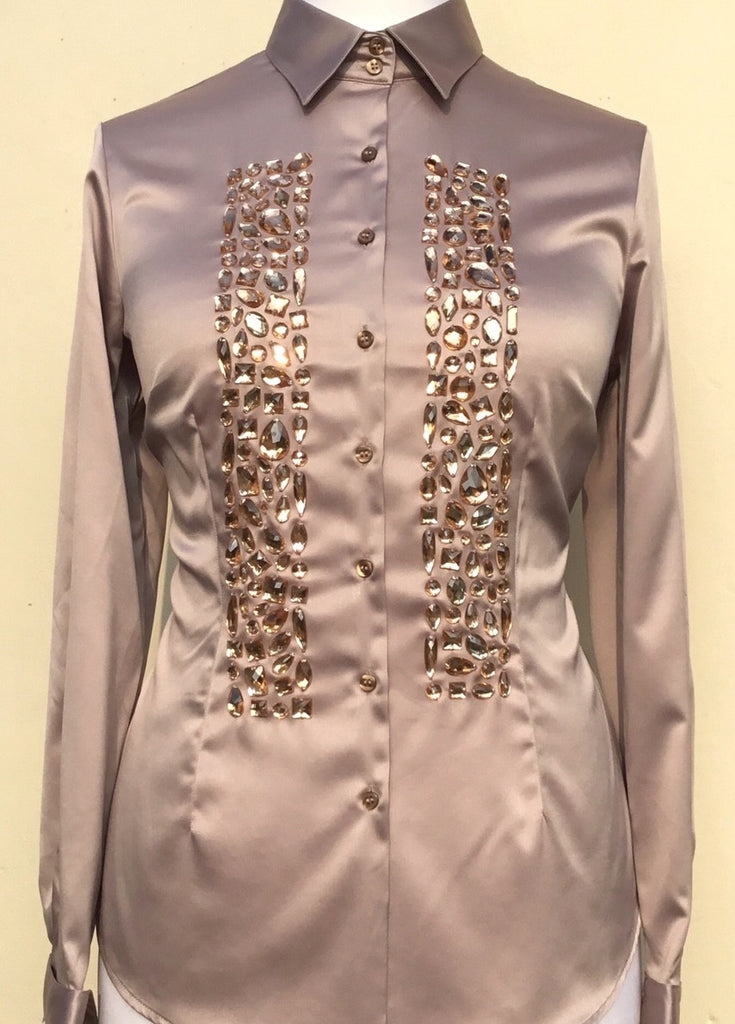 EMBROIDERED TAUPE SATIN SHIRT - DOUBLE CUFF