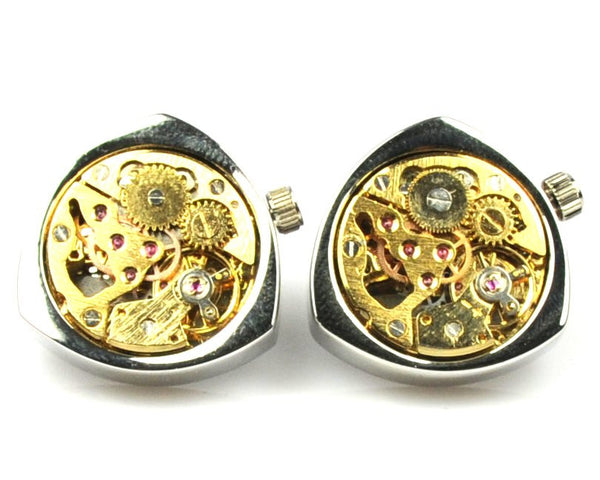 Steampunk Silver Triangle Watch Movement Cufflinks