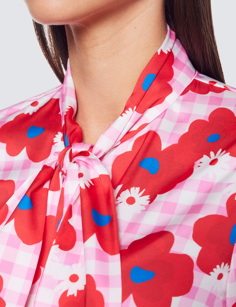 Pink & Red Floral Fitted Satin Blouse - Single Cuff - Pussy Bow