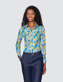 Blue & Yellow Floral Print Fitted Cotton Stretch Shirt