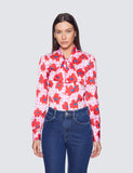 Pink & Red Floral Fitted Satin Blouse - Single Cuff - Pussy Bow