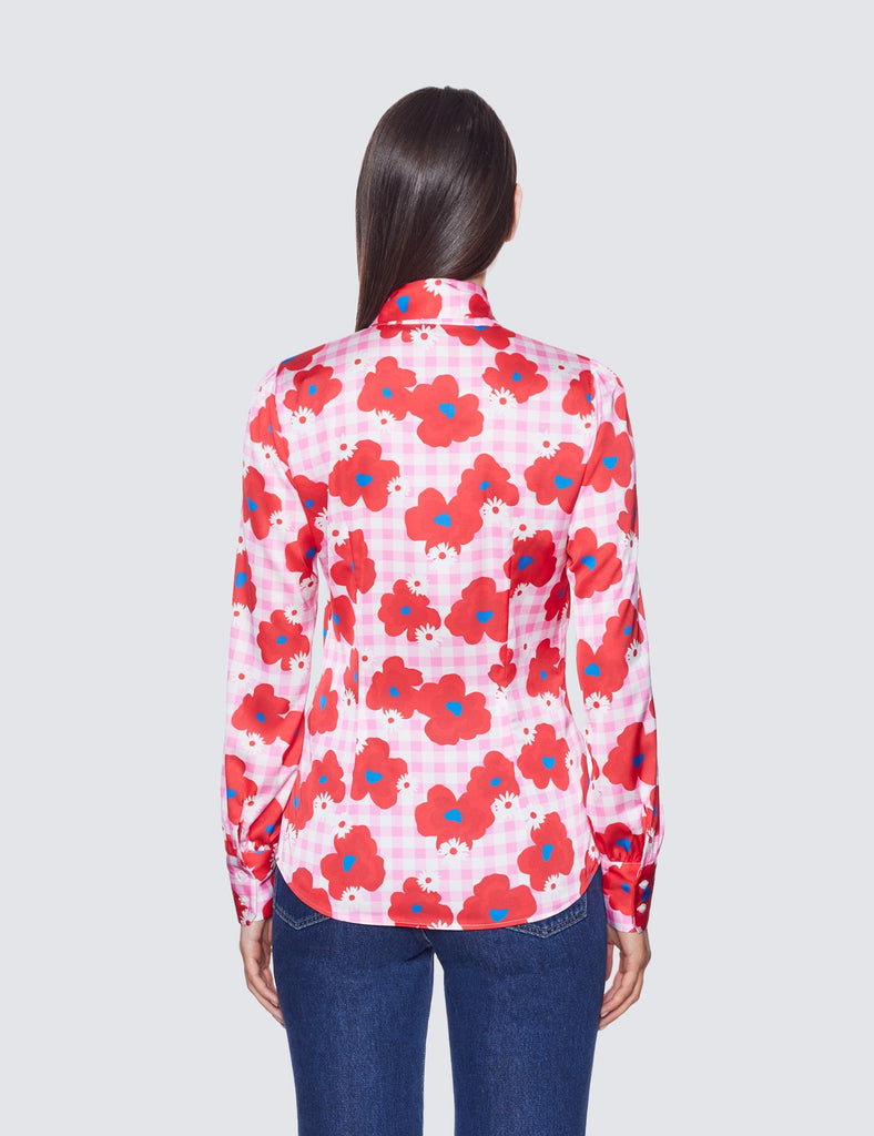 Pink & Red Floral Fitted Satin Blouse - Single Cuff - Pussy Bow