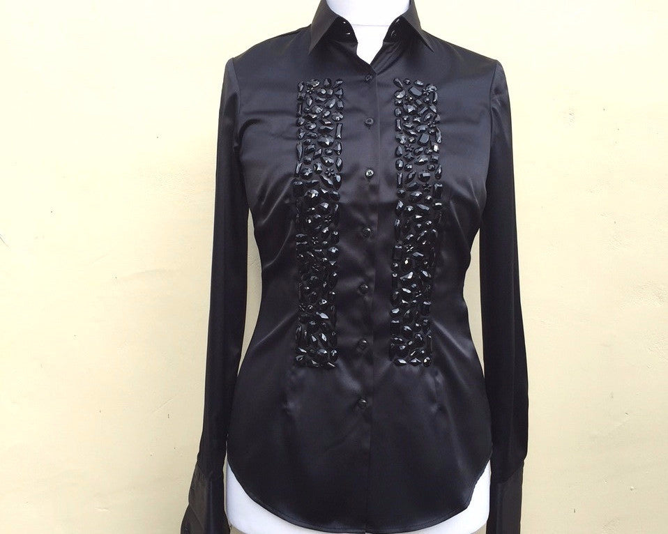 EMBROIDERED BLACK SATIN SHIRT - DOUBLE CUFF