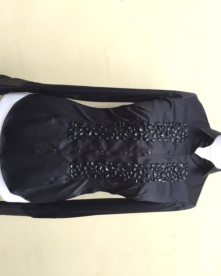 EMBROIDERED BLACK SATIN SHIRT - DOUBLE CUFF, size 14