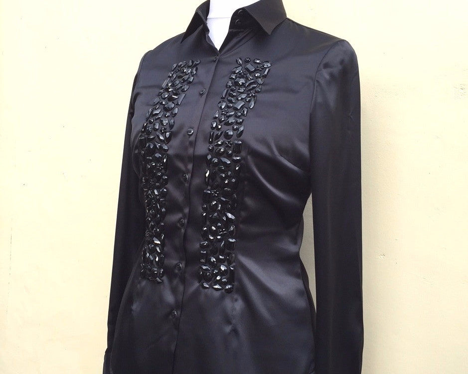 EMBROIDERED BLACK SATIN SHIRT - DOUBLE CUFF