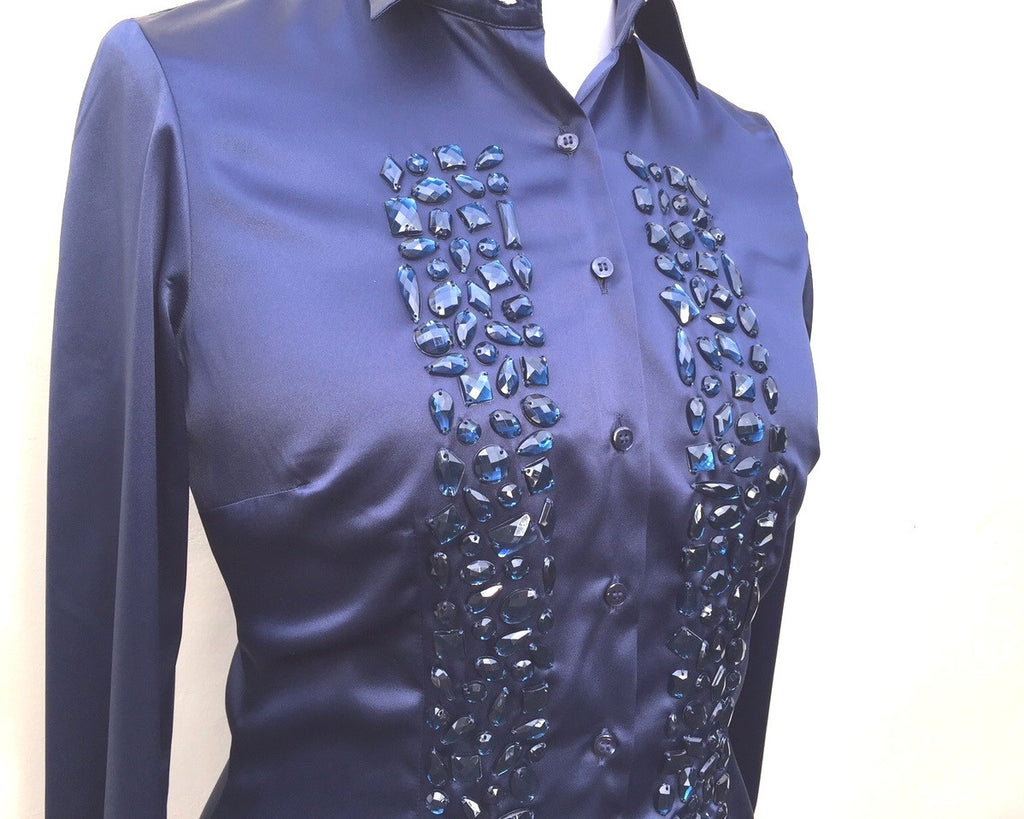 EMBROIDERED BLUE SATIN SHIRT - DOUBLE CUFF, size 12