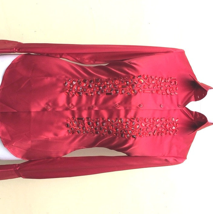 EMBROIDERED RED SATIN SHIRT - DOUBLE CUFF, size 14